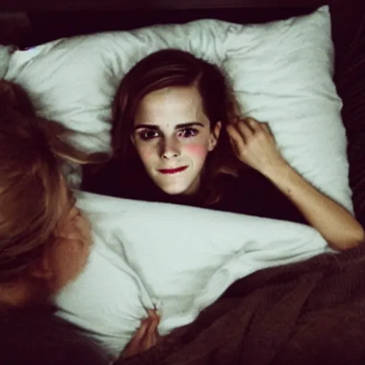 Prompt: tucking a cold emma watson into bed, wholesome, in the style of bob ross painting