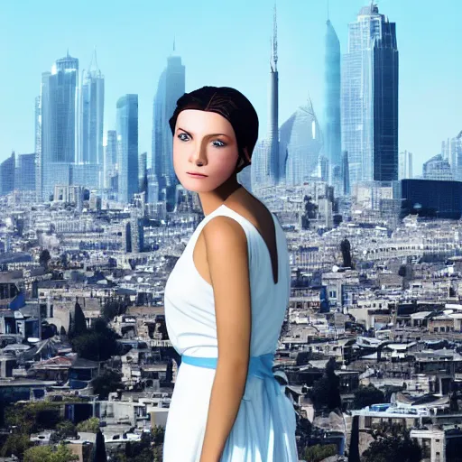 Prompt: A beautiful performance art of a young woman with big blue eyes. She has long lashes and a small mouth. Her hair is pulled back in a bun with a few stray hairs falling down. She's wearing a white dress with a blue sash and a blue scarf around her neck. In the background is a cityscape with tall buildings. Ancient Roman, jet black by J.M.W. Turner, by Otto Dix colorful