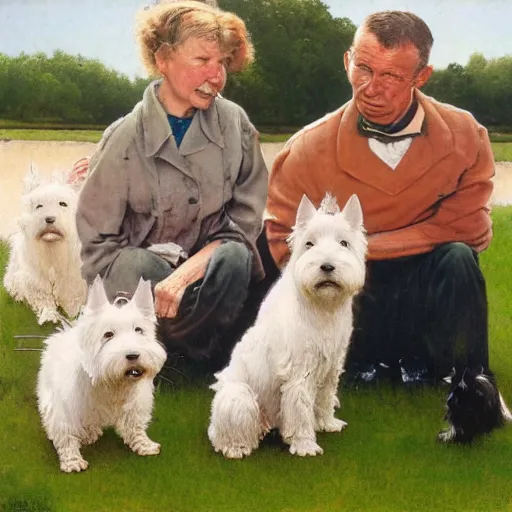 Image similar to a family of west highland terriers in the style of norman rockwell