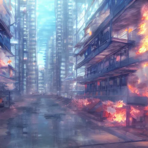 Image similar to Flame Contaminated City of Fuyuki, anime concept art by Makoto Shinkai