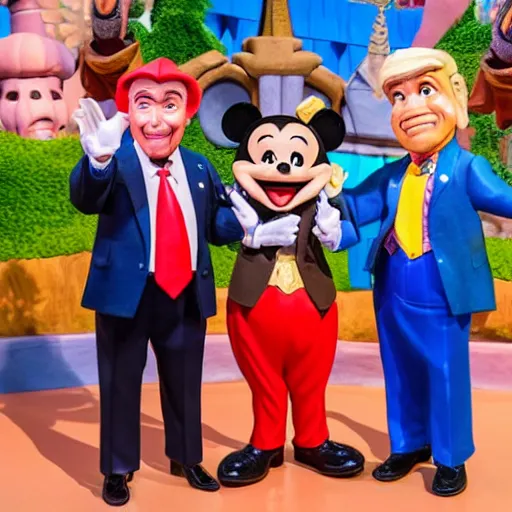 Image similar to three puppets inside the its a small world ride at disneyland that look like donald trump and greg abbott and ron desantis, highly detailed, high definition, ultra realistic