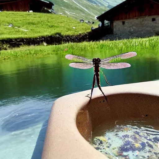 Image similar to dragonfly in a bathtub in the alps, goats!!!!! in background