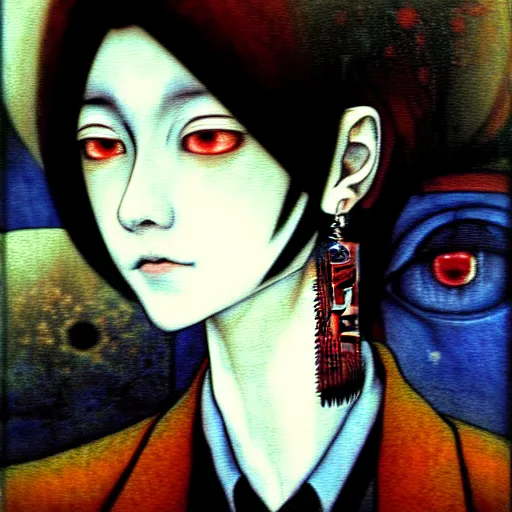 Image similar to yoshitaka amano blurred and dreamy realistic three quarter angle horror portrait of a sinister young woman with short hair, big earrings and white eyes wearing office suit with tie, black and white junji ito abstract patterns in the background, satoshi kon anime, noisy film grain effect, highly detailed, renaissance oil painting, weird portrait angle, blurred lost edges