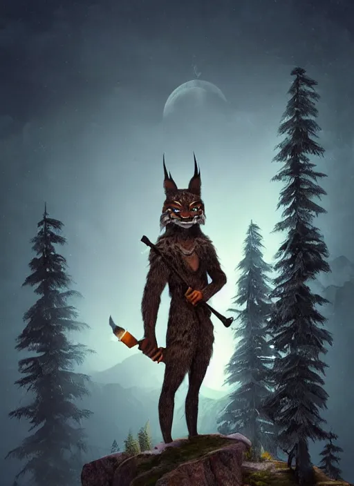 Image similar to anthropomorphic lynx standing tall, holding a scepter, night, spruce trees on the sides, mountains in the background, eerie dark atmosphere, moonlit, back light, fantasy movie, fantasy art, fantasy matte painting, trending on artstation