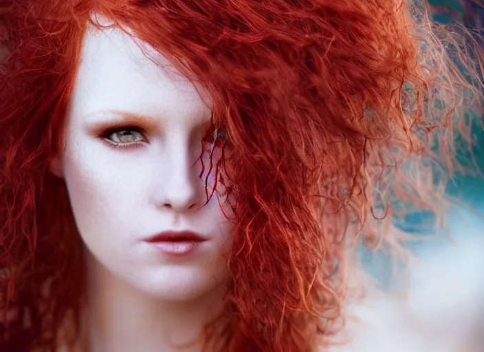 Image similar to award winning 5 5 mm close up face portrait photo of a redhead with blood - red wavy hair and intricate eyes that look like gems, in a park by luis royo