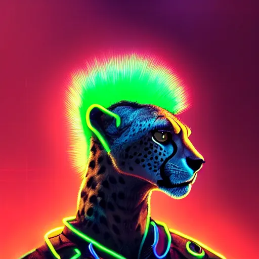 Prompt: a beautiful commission portrait of a male anthro cheetah wearing a neon jacket,futuristic,detailed face,mohawk,cyberpunk city,deviantart,artstation,art by greg rutkowski,ross tran,professional lighting,neon city,night,raytracing,highly realistic,4k,dramatic,hyperrealism,cinematic,low-angle ahot