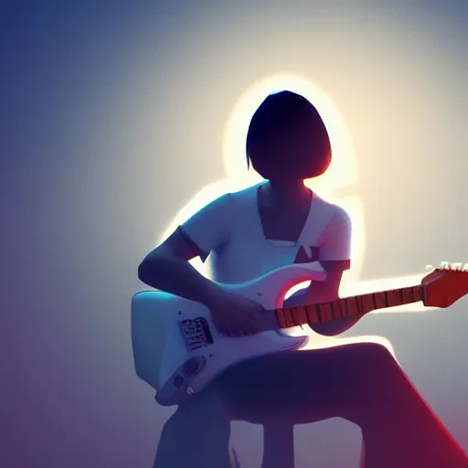 Image similar to women playing guitar, televisions, artstation, details, volumetric light, futuristic, pastel