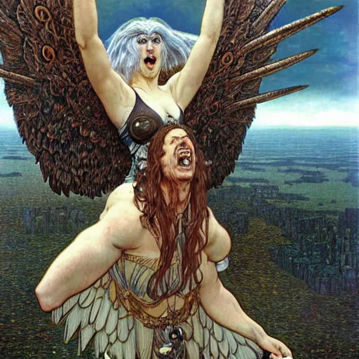 Prompt: giant eagle eating a flying harpy with huge eagle wings being eaten by giant eagle eating her face, d & d, fantasy, luis royo, magali villeneuve, donato giancola, wlop, krenz cushart, hans zatka, klimt, alphonse mucha