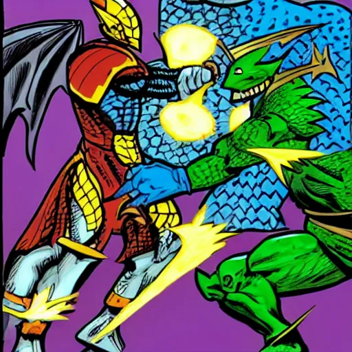 Image similar to comic book dragon fight vs knight in green car with blue armor and a gold sword