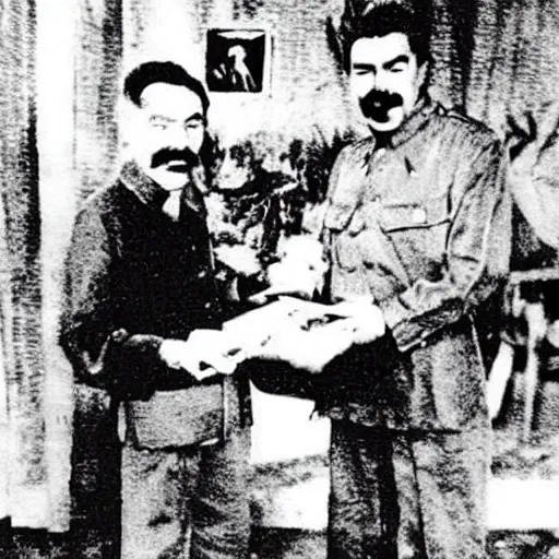 Image similar to Photo of Joseph Stalin friendship with communist soviet dragon creature ,