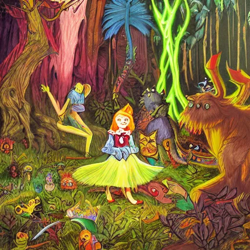 Prompt: a scene of colorful cartoon monsters in the clearing of a dark fantasy forest surrounded by darkness. hyperrealist illustration. muted colors. 1 9 7 0's pulp science fiction and fantasy cartoon for alice in wonderland and wizard of oz. highly detailed and richly colored painting by don ivan punchatz