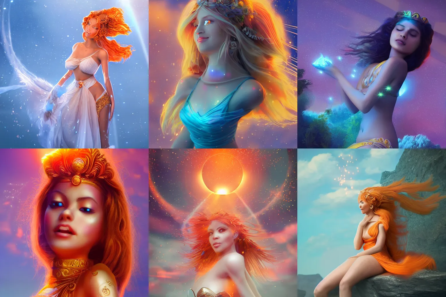 Prompt: a beautiful female goddess of the orange character, character is in all its glory, character is in her natural relaxed pose, rim lights, particles and dust in the air, fancy clouds, highly detailed professional photo, dynamic lights, particles are flying, depth of field, trending on artstation, professional illustration, hyper realistic, vray caustics, super detailed, colorful accents, cinematic shot