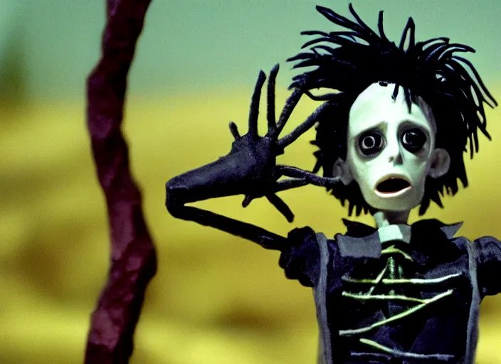 Image similar to cinematic screenshot cinestill portrait of a stop motion claymation film, edward scissorhands, in focus, shallow depth of field, 1 8 mm, f 1. 8, sharp details