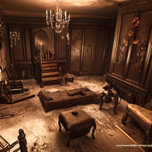 Prompt: room of a dark mansion, objects from ritual in the ground, realistic, highly detailed, hd, unreal engine, background of resident evil game