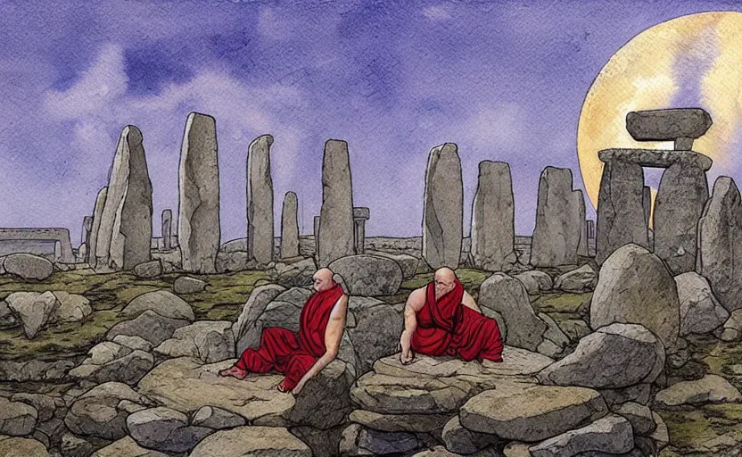 Image similar to a hyperrealist watercolor fantasy concept art of giant monk with a long forehead in grey robes sitting in stonehenge. several large stones are floating in the air. in the background a large ufo is in the sky. by rebecca guay, michael kaluta, charles vess