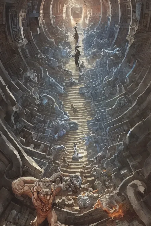 Image similar to one way perspective labyrinth with gargoyles spell scroll art by artgerm and greg rutkowski and Craig Mullins, James Jean, Andrey Ryabovichev, Mark Simonetti and Peter Morbacher 16k