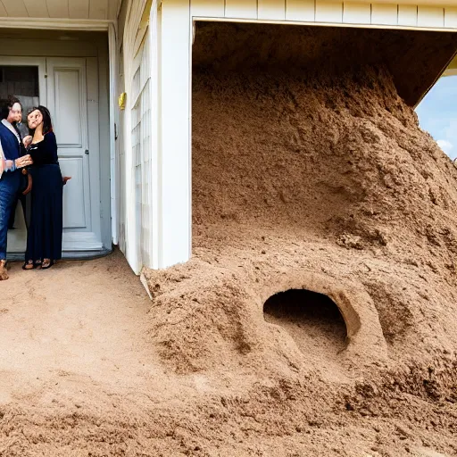 Prompt: real estate agent showing couples through houses made entirely of dirt