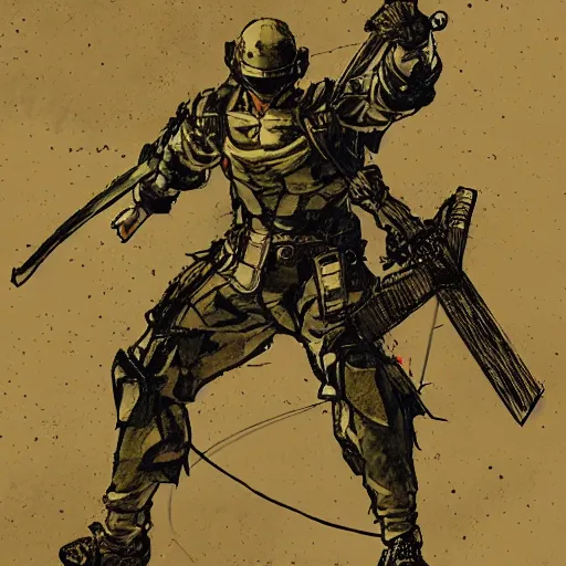 Prompt: hero sitting on a chair holding a sword on his back, looking at a army in the background illustrated by yoji shinkawa, pencil art, extra detail, dynamic, colored, blood, metal swords