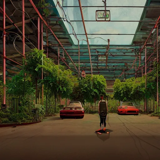 Prompt: a indoor abandoned parking lot with overgrown plants and a human farm, neon, cyberpunk, art by Simon Stalenhag, cinematic, 4k