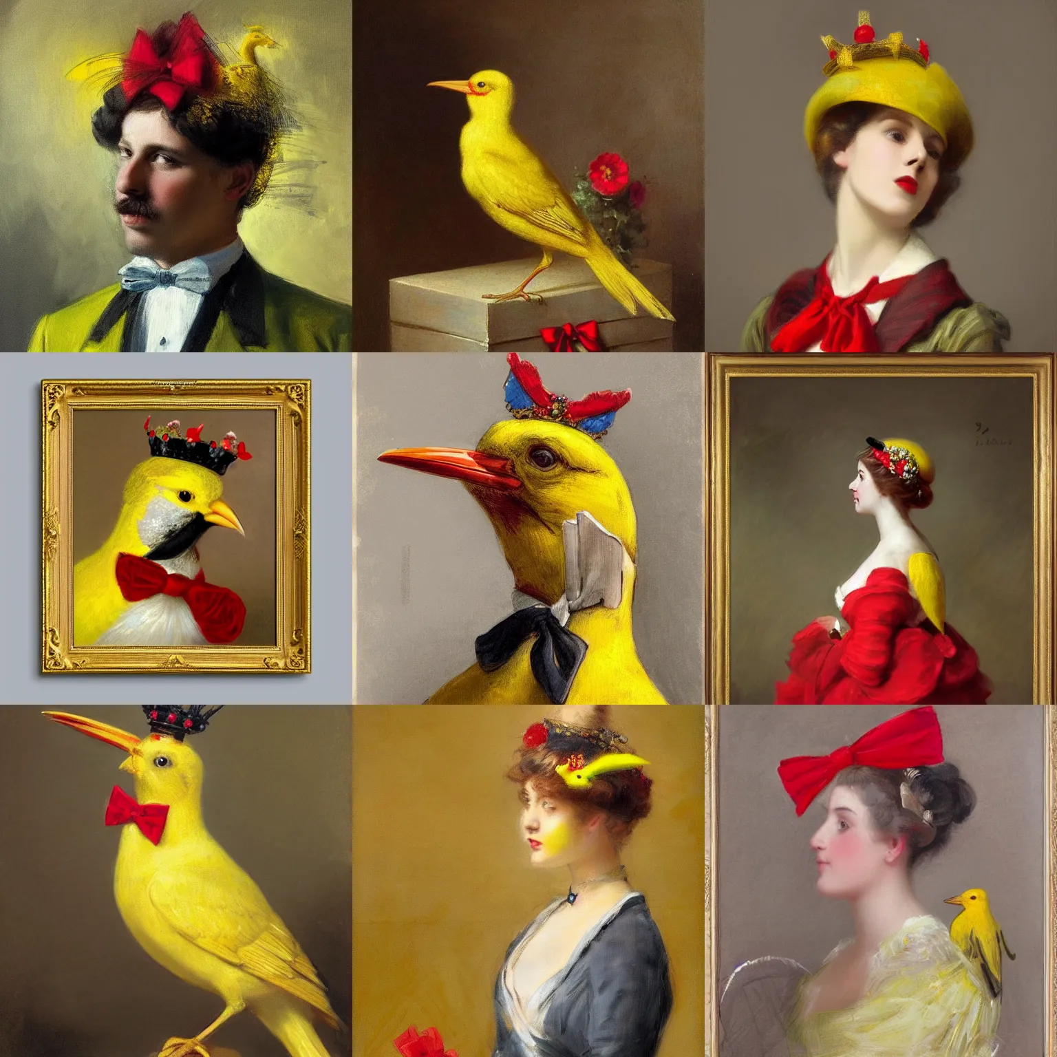 Prompt: an elegant yellow bird wearing a crown and a red bow tie in the style of Jean-Joseph Benjamin-Constant, very very beautiful, high quality, detailed, 4k