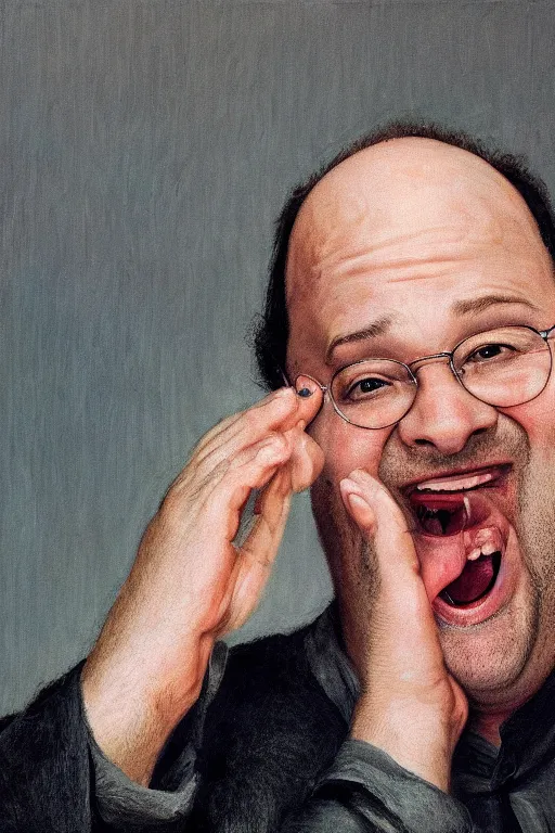 Image similar to jason alexander stubbing his toe as george costanza, oil on canvas, intricate, portrait, 8 k highly professionally detailed, hdr, cgsociety