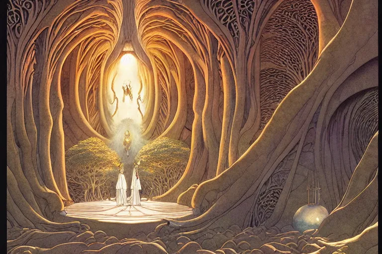 Prompt: a symmetrical!!! delicate mtg illustration by john howe, charles vess, rebecca guay and kawase hasui of a large group of people entering the glowing doorway of a massive vulva - shaped temple constructed of tree trunks, carved iridescent pearls and house - sized crystals of smooth and organic architecture floating in the astral plane