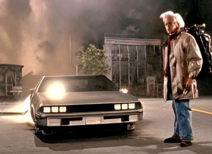 Prompt: screenshot from the iconic scene from the lost Back to the Future film directed by Martin Scorsese, cinematic lighting, unsettling set design with extreme detail, moody cinematography, with anamorphic lenses, crisp, detailed, 4k image, starring Marty Mcfly