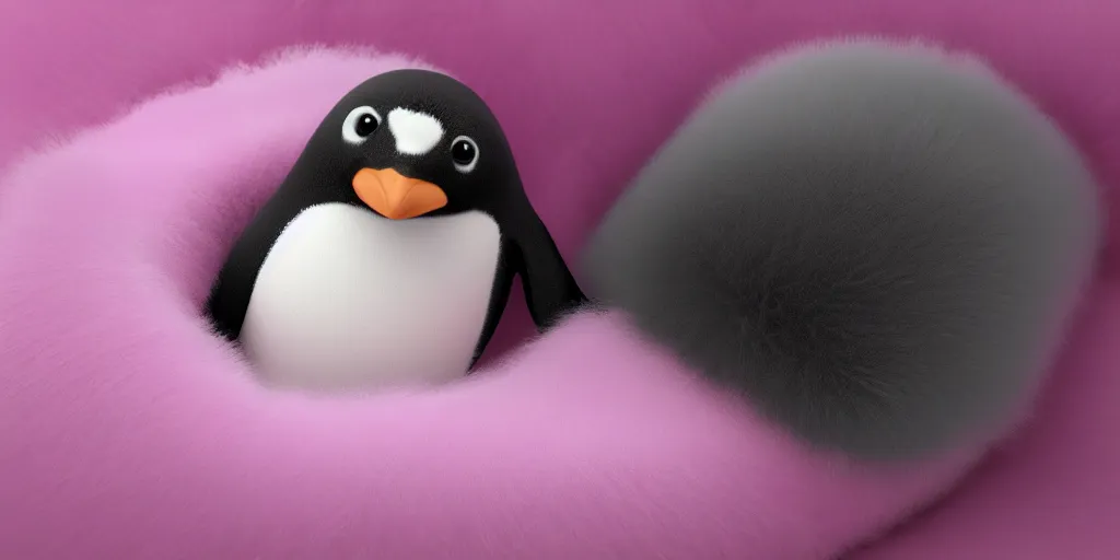 Prompt: cute realistic penguin sitting in an pink fluffy bed, unreal 5