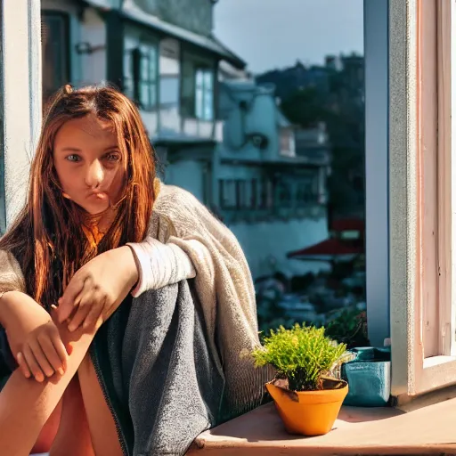 Prompt: a thin, pretty young Romanian girl sits near the window of a cute seaside Cafe with an espresso, golden morning light, cozy, plants, Spirited Away