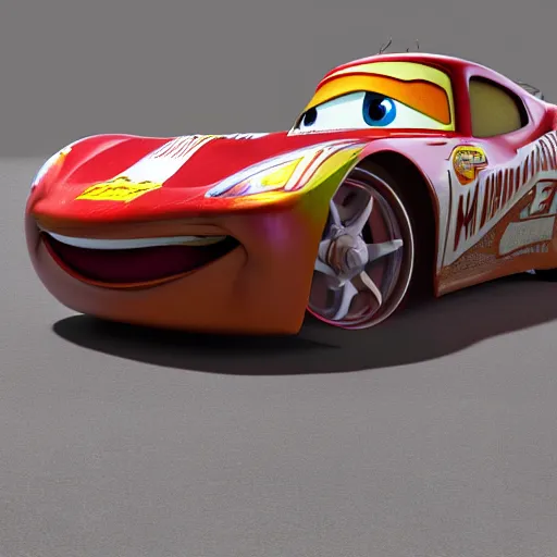 Image similar to lightning mcqueen ray - tracing render, unreal engine, 3 d, atmospheric light, godrays, award - winning, maya, blender