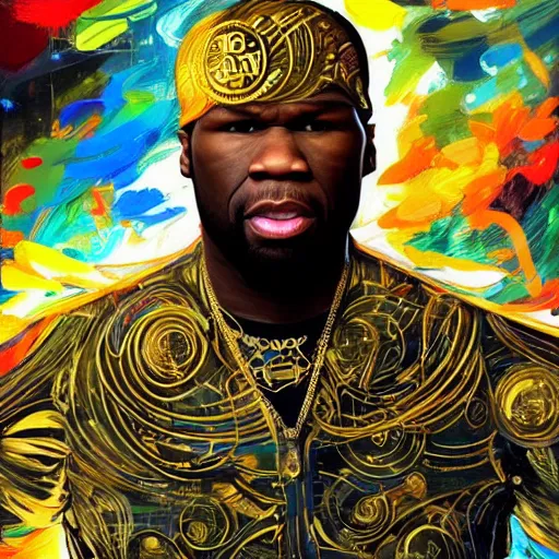 Image similar to 5 0 cent wearing a laughing golden armor, digital illustration by ruan jia on artstation, outlined by whirling illuminated neon lines and fine lines swirling in circles by jesper ejsing and rhads and makoto and shinkai and lois van baarle, digital art, trending on artstation - h 8 3 2