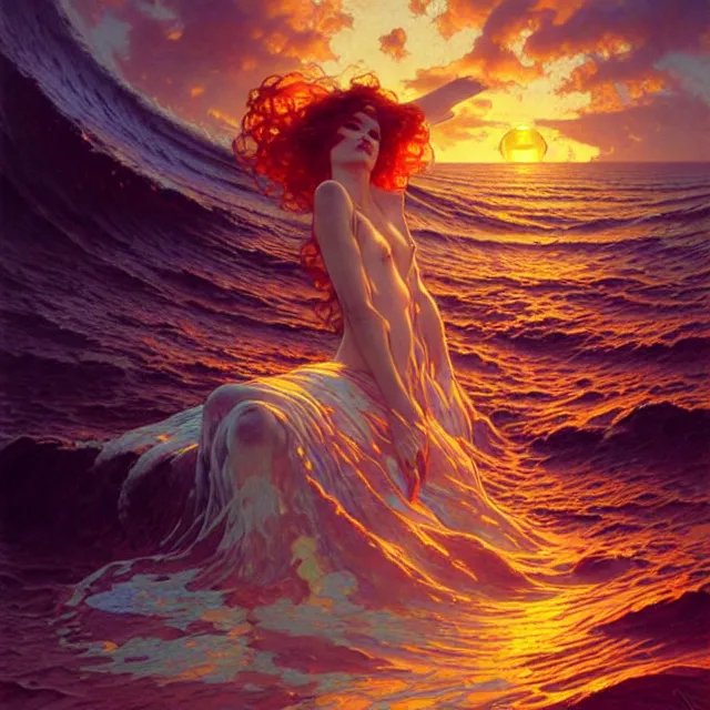 Image similar to mind bending ocean waves of glossy liquid honey drops flowing like psychedelic translucent amber, lsd waves, lsd ripples, backlit, sunset, refracted lighting, art by collier, albert aublet, krenz cushart, artem demura, alphonse mucha