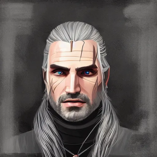 Prompt: portrait of witcher, highly detailed, centered, solid color background, digital painting