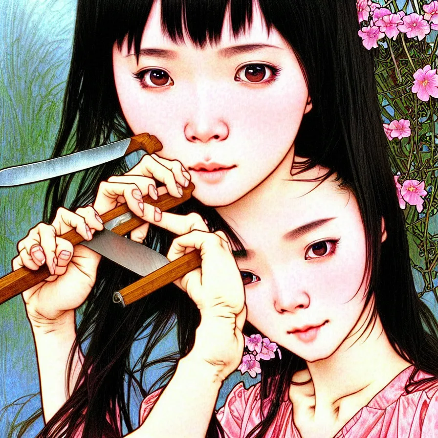 Prompt: closeup portrait of an innocent 18 year old lady from Vietnam wearing a pretty little dress with straight silky black hair, in a butcher shop, holding a butcher knife. insanely and epically detailed high-quality artwork with soft colors, exquisitely detailed soft shadowing, amazingly composed image, epic pencil illustration, by Range Murata and by Alphonse Mucha and by Katsuhiro Otomo.