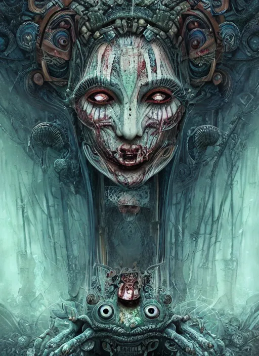 Prompt: alice in wonderland, aztec god, alien, highly detailed, cinematic, 8 k, by megan duncanson, benjamin lacombe, adrian borda, stanley artgermm, tom bagshaw, craig mullins, carne griffiths, ayami kojima, beksinski, giger, trending on deviantart, hyper detailed, horror, full of colour