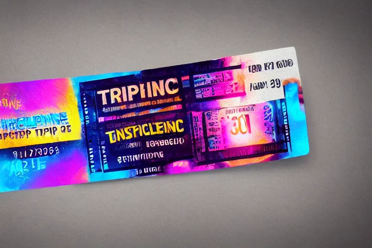 Image similar to photoshop mockup of a concert ticket on a table, bandname is tripmachine, realistic digital art, on the ticket is a 3 d render of a huge futuristic steampunk generator, 8 k, fluorescent colors, halluzinogenic, multicolored, exaggerated detailed, unreal engine