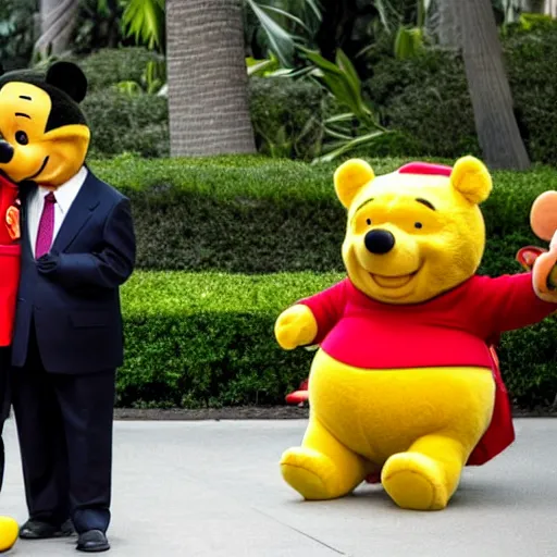 Prompt: Xi Jinping (President of the People's Republic of China) hugging Winnie the Pooh at Disney World in Florida, Getty Images, 4k, DLSR