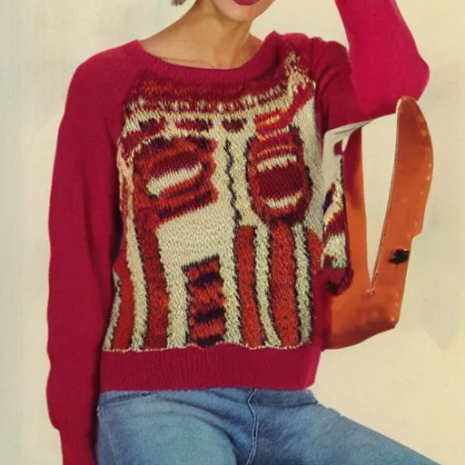 Image similar to model wearing a sweater of bacon weave, product photo, jc penny catalog