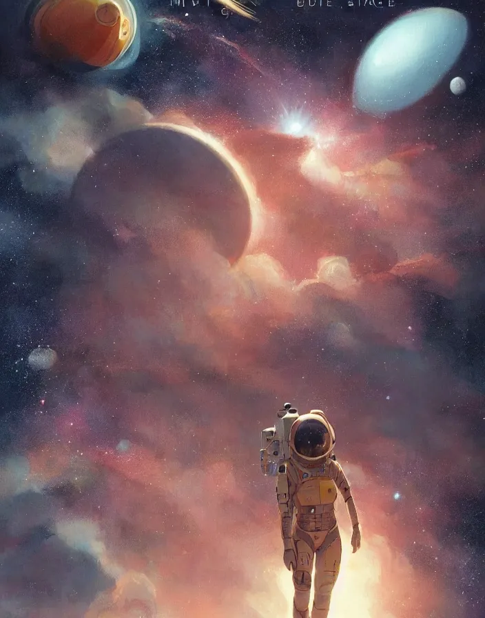 Image similar to illustrated by moebius and greg rutkowski, romantic space scene with young girl!!!!, orbit of earth, futuristic orbital station!!!!, nebulae!!, starry sky!!, rule of third!!!!, vintage cover of sci - fi magazine, cinematic