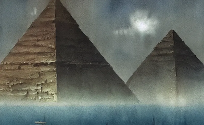 Prompt: a realistic and atmospheric watercolor from howl's moving castle ( 2 0 0 4 ) of an egyptian pyramid complex underwater with jungle surrounding it. sci - fi white skyscrapers in the background. very dull muted colors, hd, 4 k, hq