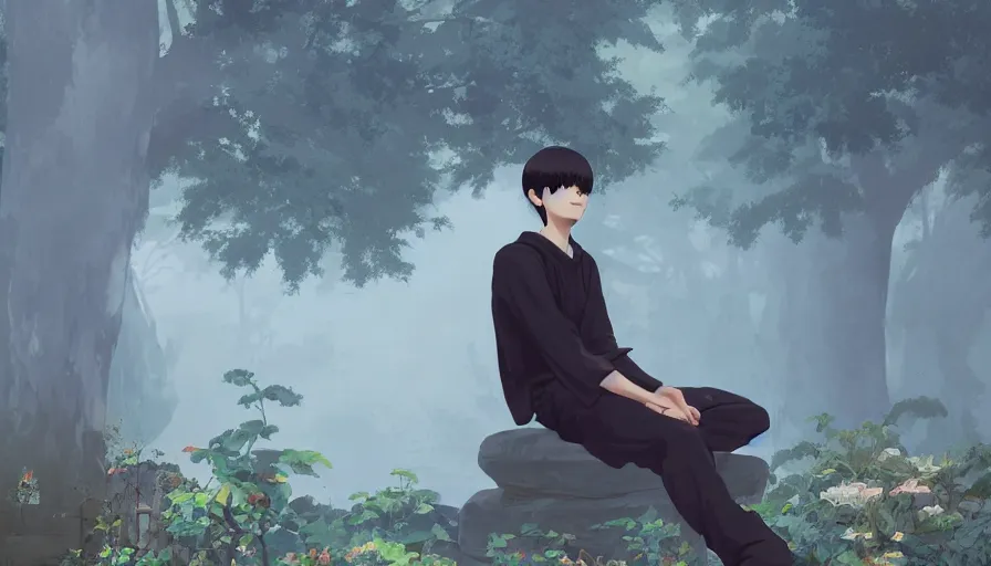 Image similar to ilya kuvshinov illustration of a boy bored in a temple garden filled with yokai and spirits, spirits in the garden, hazy and misty, magical feeling, uhd, high detail, by ilya kuvshinov