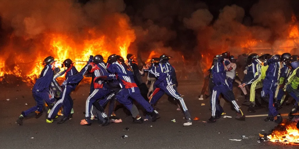 Image similar to photo of young men wearing multicolored tracksuits fighting cops in a riot with burning cars at night, close-up shot, editorial photography