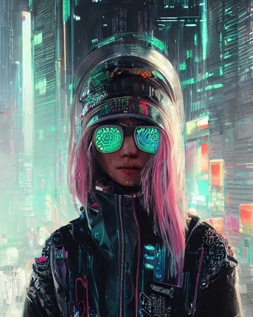 Prompt: detailed portrait neon guard girl with long straight blonde hair seen from the back, cyberpunk futuristic, reflective puffer jacket, black leggings, decorated with traditional ornaments in front of a dystopian crowd with piles of garbage by ismail inceoglu dragan bibin hans thoma, perfect face, fine details, realistic shaded, fine - face, pretty face by rossdraws