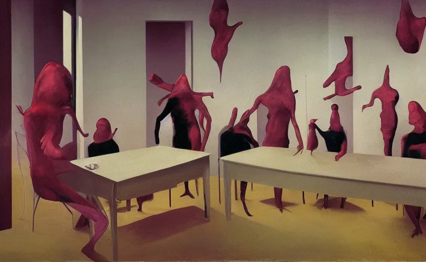 Prompt: an empty room in the style of constructivism, people at the table, trash bag on head, blurred face, blurred, grotesque, doomed, neural acrylic paint, high resolution, gouache on canvas, ultra detailed, vibrant colors, grotesque, wrapped thermal background, slimey, art by francis bacon, beksinski painting