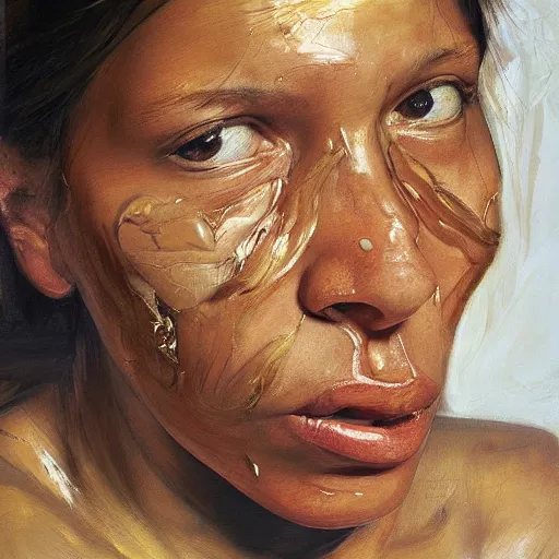 Prompt: high quality high detail painting by jenny saville, hd, a skinny beautiful indigenous woman tribe leader, photorealistic lighting