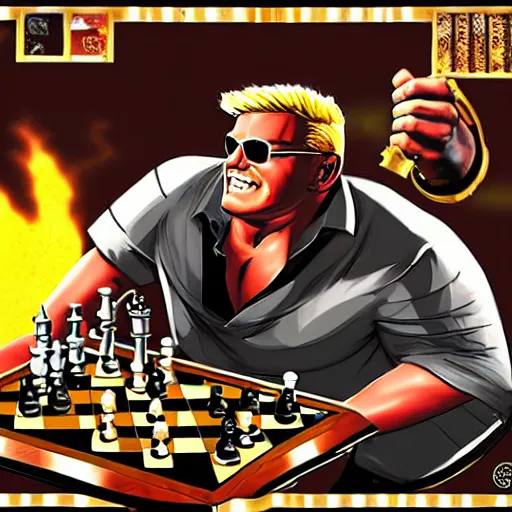 Image similar to Duke Nukem playing chess, Duke Nukem art style, explosive background