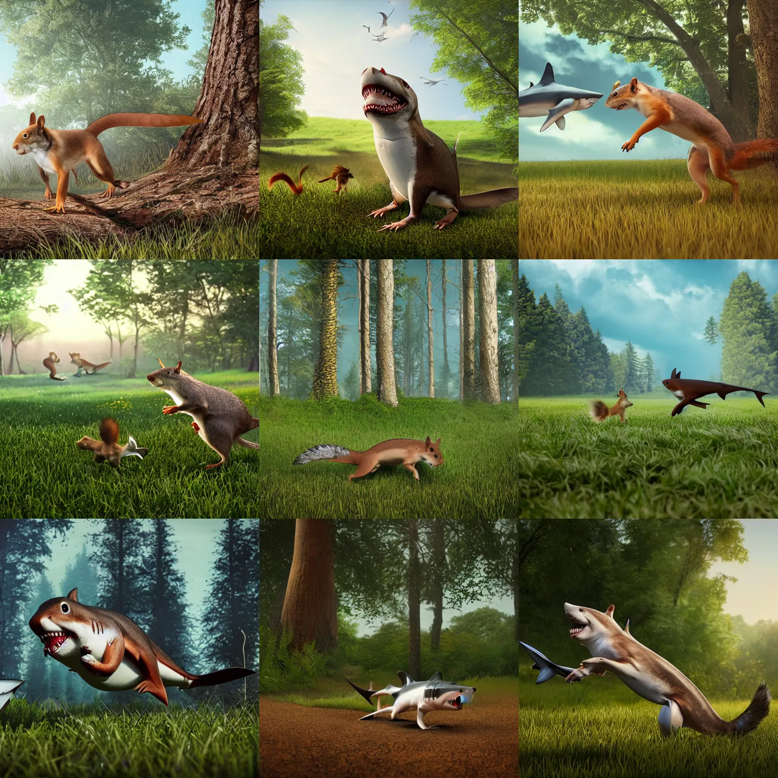 Prompt: a shark-dog mix hunting a small brown squirrel in an open field, the sky is beautiful and clear, with a forest in the background. Highly detailed, octane render, art station, 4k, high quality