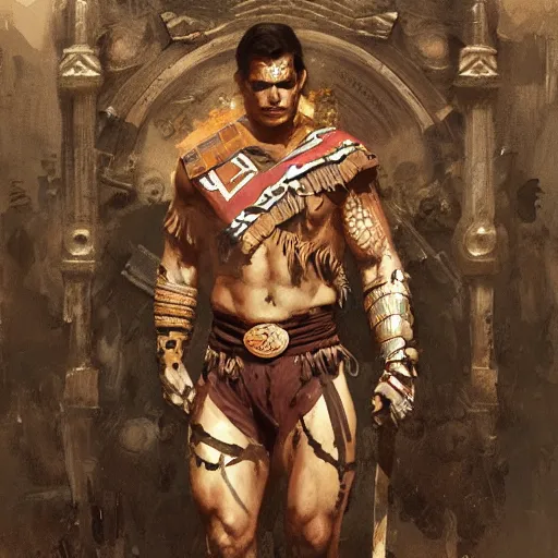 Prompt: henry cavill as an aztec warrior, athletic, face paint, muscular, intricate, highly detailed, digital painting, artstation, concept art, sharp focus, illustration, art by greg rutkowski and alphonse mucha