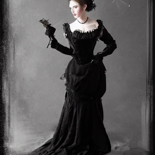 Image similar to a beautiful young woman, pale skin, black long hair, aristocrat, black expensive dress from 1 8 6 0, digital art, studio photo, realistic, artstation, high quality, wild west