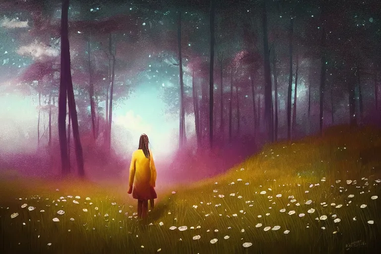 Image similar to giant daisy flowers head, girl walking in dark forest, surreal photography, dark night, stars, moon light, impressionist painting, clouds, digital painting, artstation, simon stalenhag